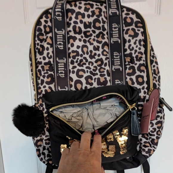 Juicy Couture Kids Leopard Print Gold Sequins Backpack/Knapsack/Carry Handle Bag - Picture 7 of 16